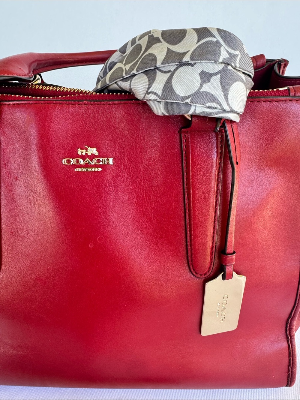 Coach Red Leather Tote with Signature Scarf and Gold Hardware - Picture 7 of 16